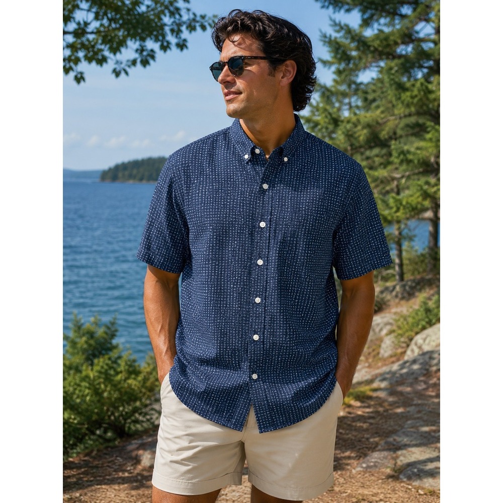 KENNINGTON Men's Large Blue With White Polka Dots Short Sleeve Shirt -1125